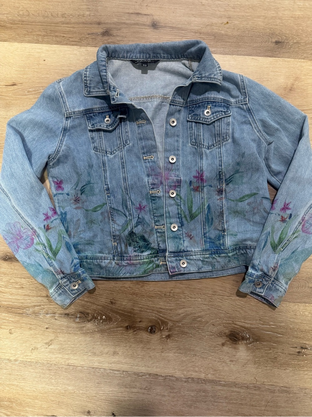 CHARLIE B Light Wash Denim Jacket with Floral Print